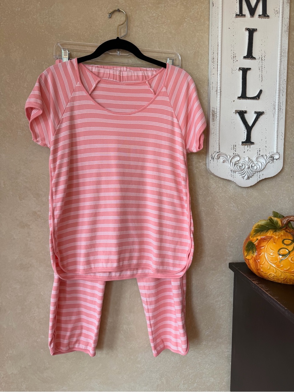 LAKE Pima Short-Long Set in Coral Stripe Cropped Pants - Size Small